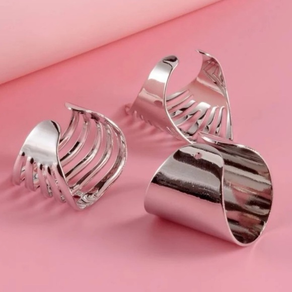3-Piece Silver Cuff Ring Set, Adjustable - Picture 4 of 4